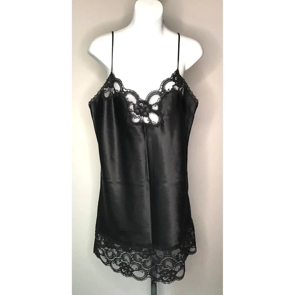 VTG 80's Black Satin Lace Trim Sz L Nightgown Lingerie + Ashley Taylor Half Slip